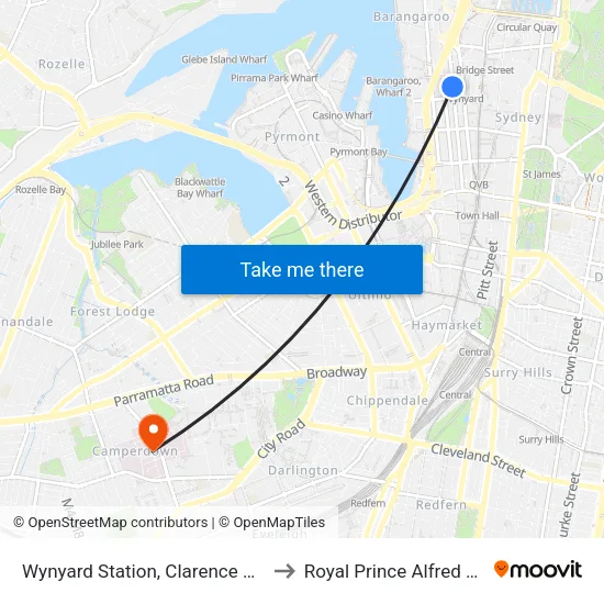 Wynyard Station, Clarence St, Stand S to Royal Prince Alfred Hospital map