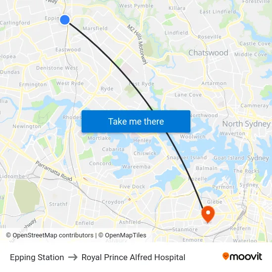 Epping Station to Royal Prince Alfred Hospital map