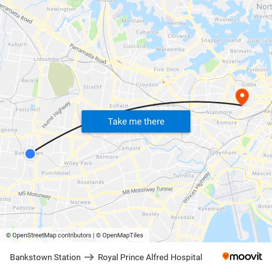 Bankstown Station to Royal Prince Alfred Hospital map