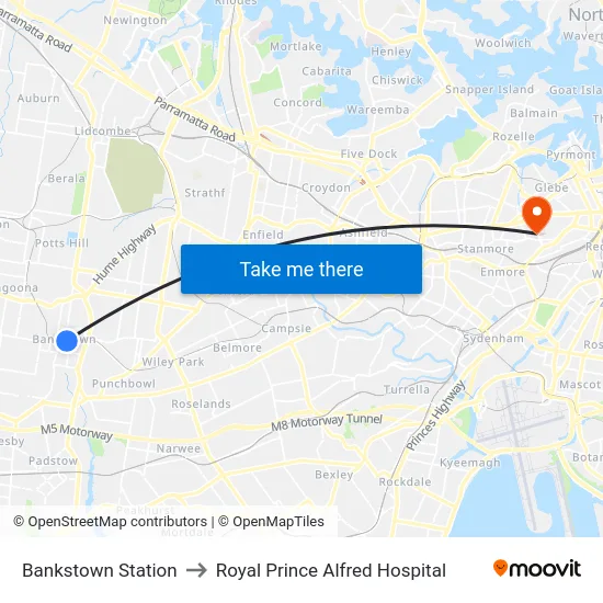 Bankstown Station to Royal Prince Alfred Hospital map