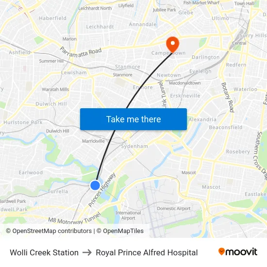 Wolli Creek Station to Royal Prince Alfred Hospital map