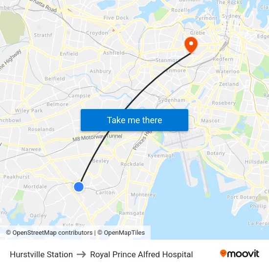 Hurstville Station to Royal Prince Alfred Hospital map