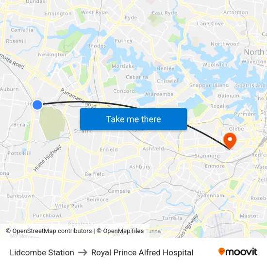 Lidcombe Station to Royal Prince Alfred Hospital map