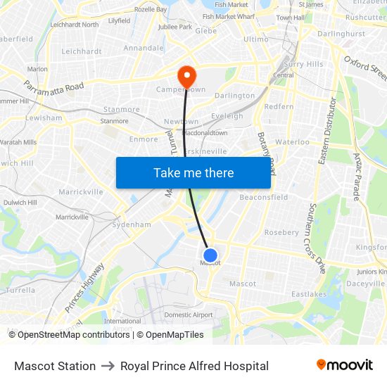 Mascot Station to Royal Prince Alfred Hospital map