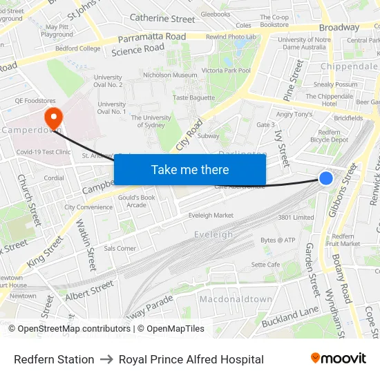 Redfern Station to Royal Prince Alfred Hospital map