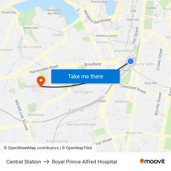 Central Station to Royal Prince Alfred Hospital map