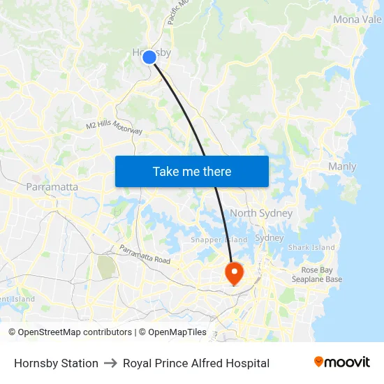 Hornsby Station to Royal Prince Alfred Hospital map