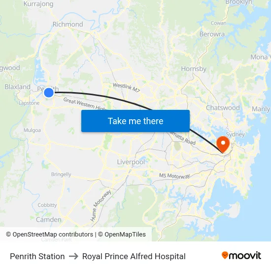 Penrith Station to Royal Prince Alfred Hospital map