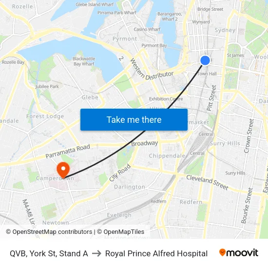 QVB, York St, Stand A to Royal Prince Alfred Hospital map
