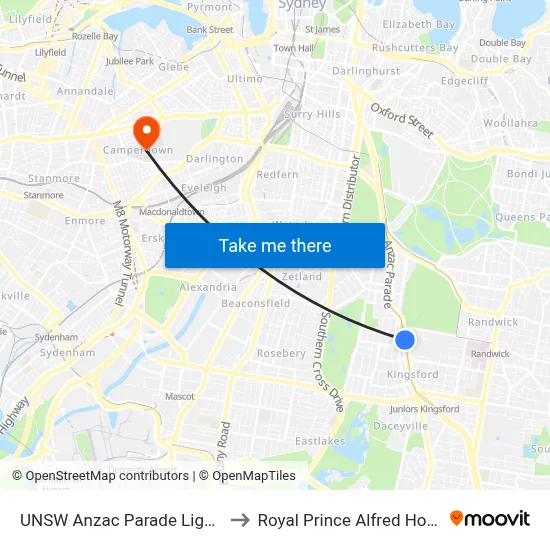 UNSW Anzac Parade Light Rail to Royal Prince Alfred Hospital map