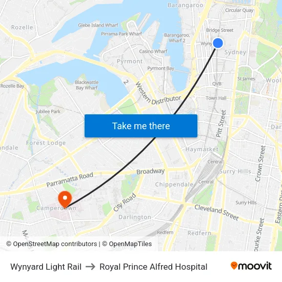 Wynyard Light Rail to Royal Prince Alfred Hospital map