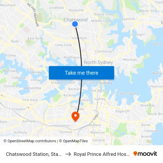 Chatswood Station, Stand A to Royal Prince Alfred Hospital map