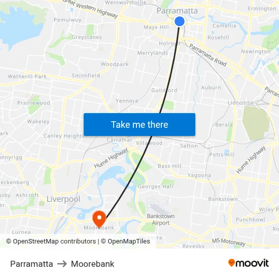 Parramatta to Moorebank map