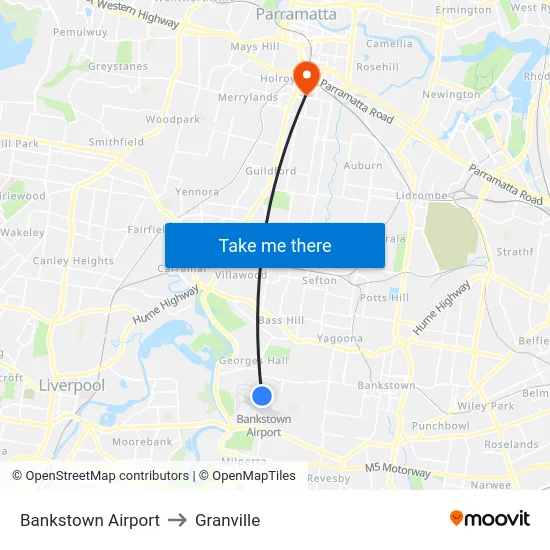 Bankstown Airport to Granville map
