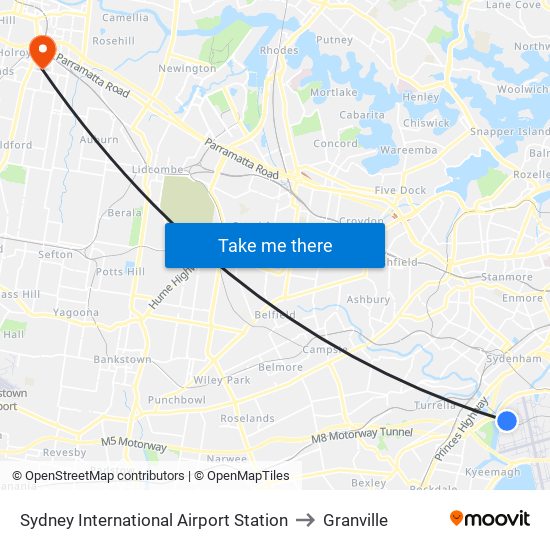 Sydney International Airport Station to Granville map