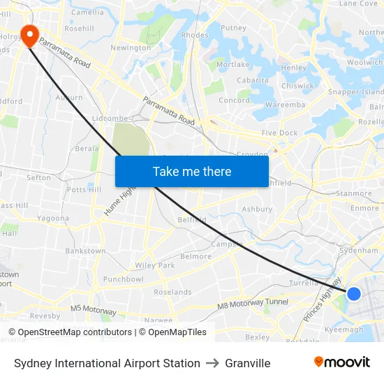 Sydney International Airport Station to Granville map