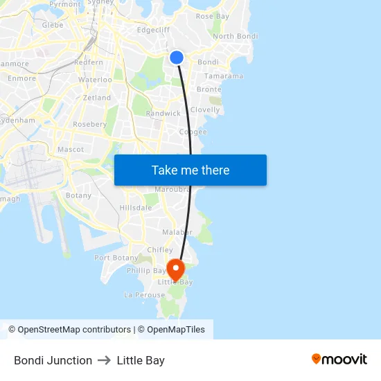 Bondi Junction to Little Bay map