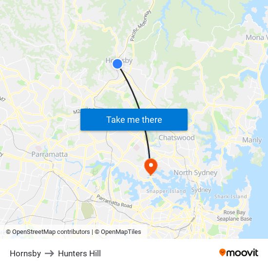 Hornsby to Hunters Hill map