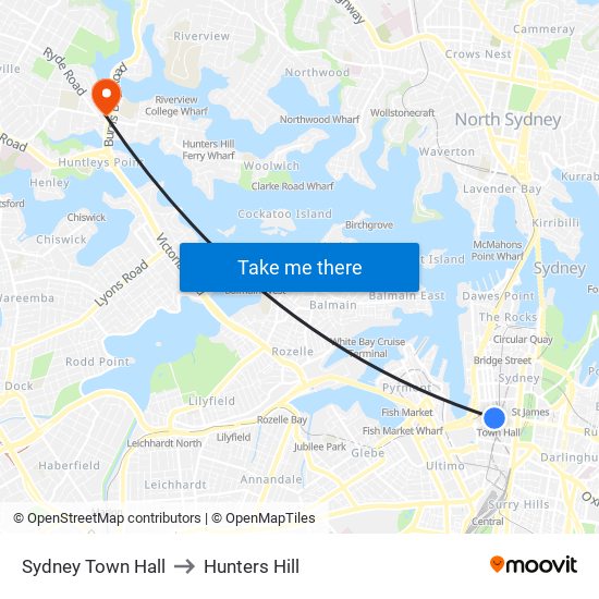 Sydney Town Hall to Hunters Hill map