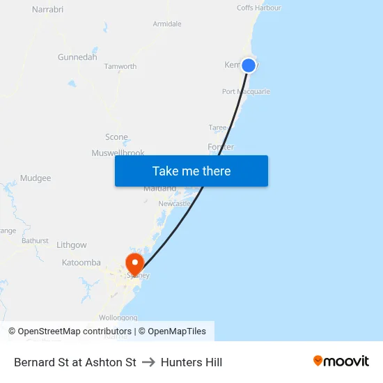Bernard St at Ashton St to Hunters Hill map