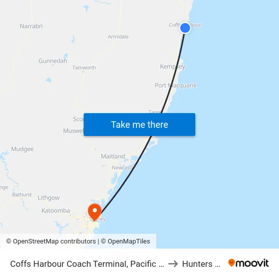 Coffs Harbour Coach Terminal, Pacific Hwy to Hunters Hill map