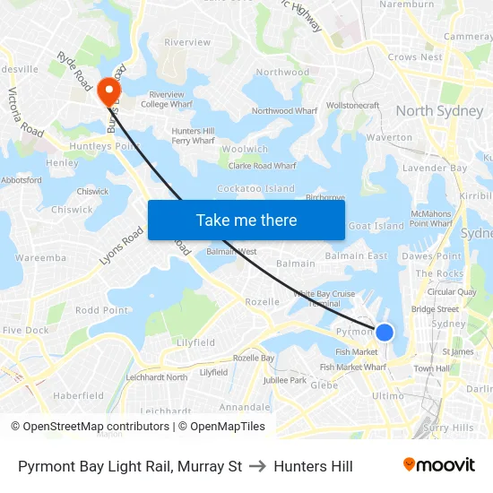Pyrmont Bay Light Rail, Murray St to Hunters Hill map
