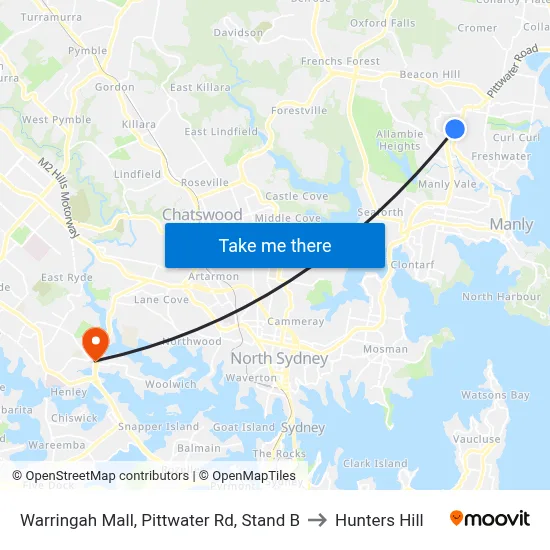 Warringah Mall, Pittwater Rd, Stand B to Hunters Hill map