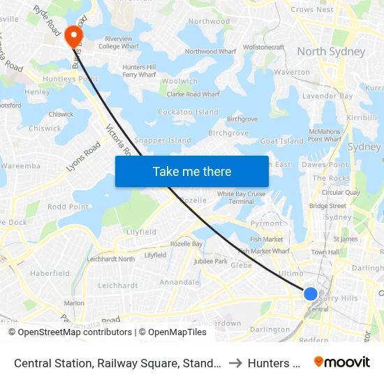 Central Station, Railway Square, Stand M to Hunters Hill map