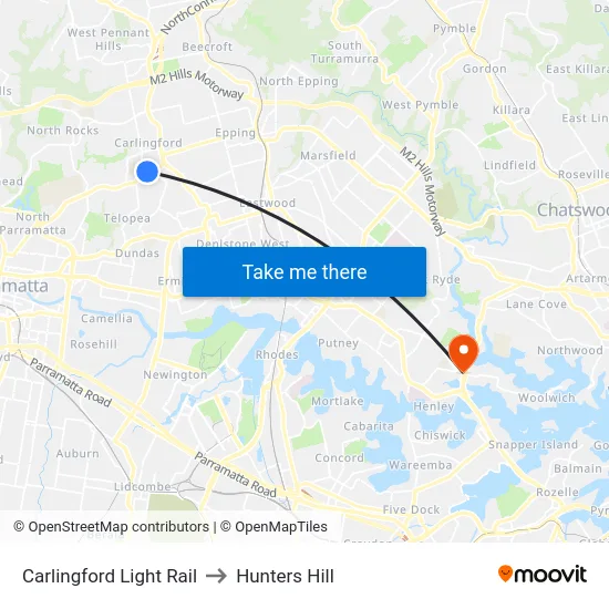 Carlingford Light Rail to Hunters Hill map