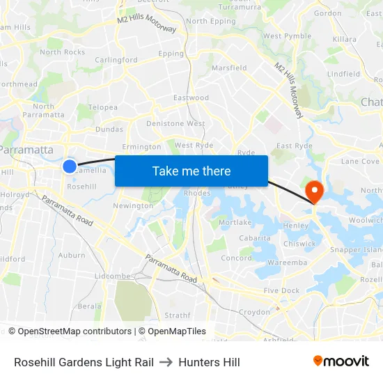 Rosehill Gardens Light Rail to Hunters Hill map