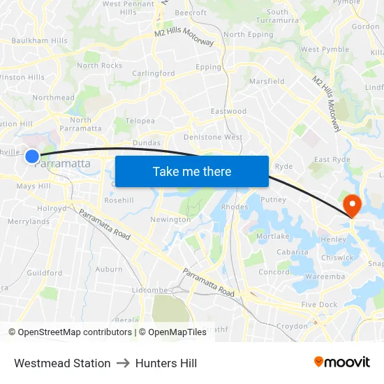 Westmead Station to Hunters Hill map