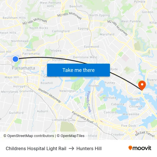 Childrens Hospital Light Rail to Hunters Hill map