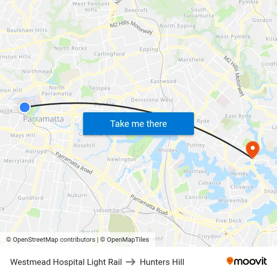 Westmead Hospital Light Rail to Hunters Hill map