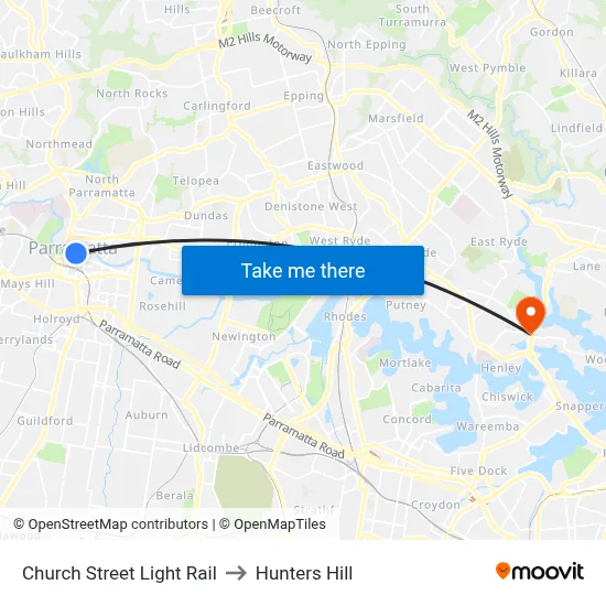 Church Street Light Rail to Hunters Hill map