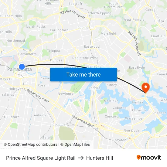 Prince Alfred Square Light Rail to Hunters Hill map