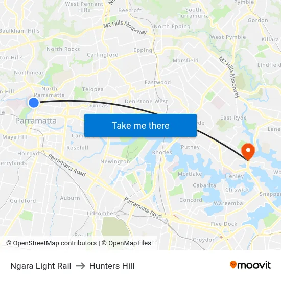 Ngara Light Rail to Hunters Hill map