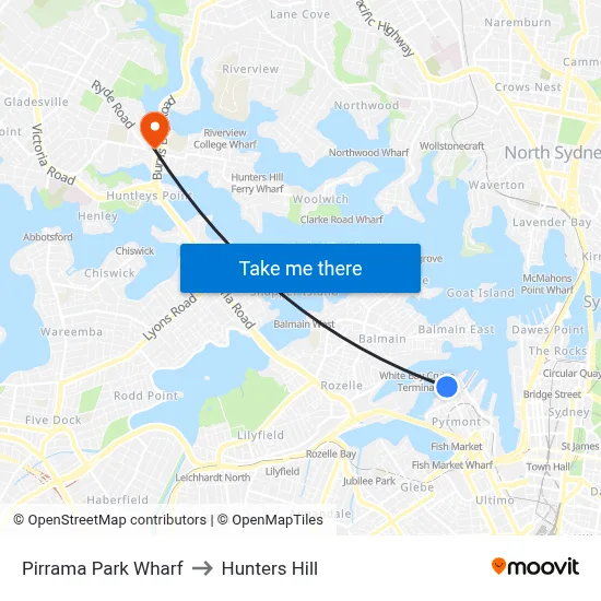 Pirrama Park Wharf to Hunters Hill map