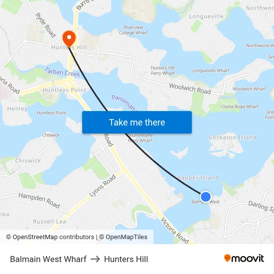 Balmain West Wharf to Hunters Hill map