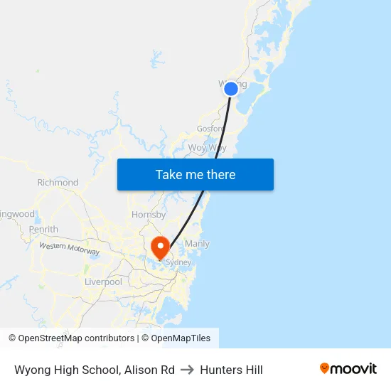 Wyong High School, Alison Rd to Hunters Hill map