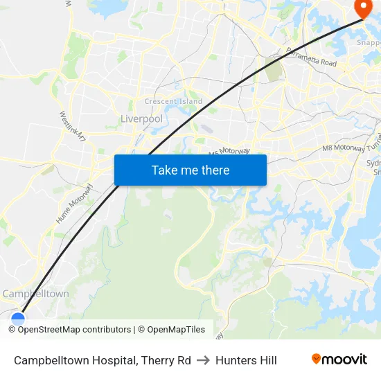 Campbelltown Hospital, Therry Rd to Hunters Hill map