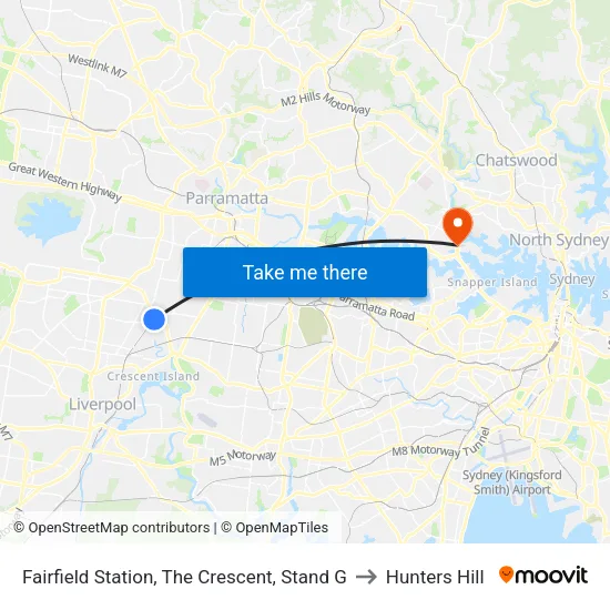 Fairfield Station, The Crescent, Stand G to Hunters Hill map