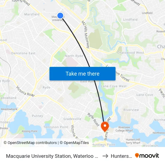 Macquarie University Station, Waterloo Rd, Stand A to Hunters Hill map