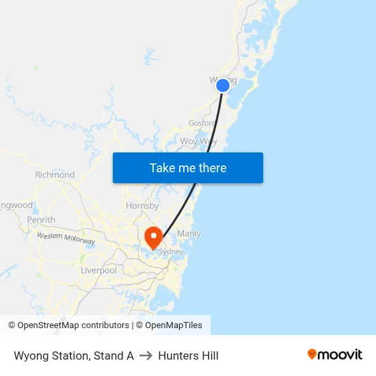 Wyong Station, Stand A to Hunters Hill map