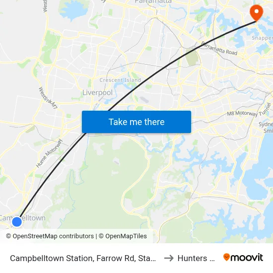 Campbelltown Station, Farrow Rd, Stand G to Hunters Hill map