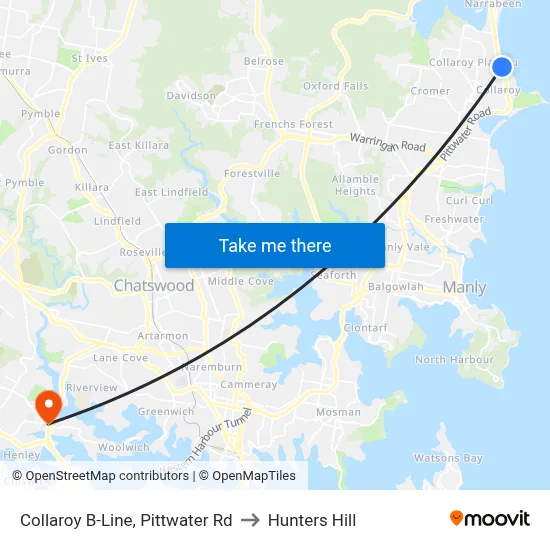 Collaroy B-Line, Pittwater Rd to Hunters Hill map