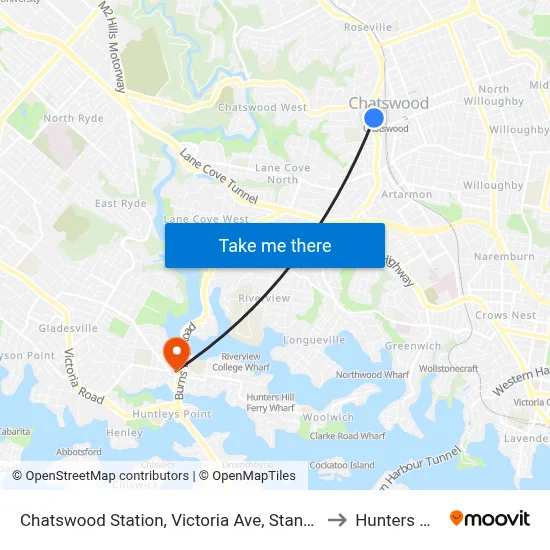 Chatswood Station, Victoria Ave, Stand E to Hunters Hill map