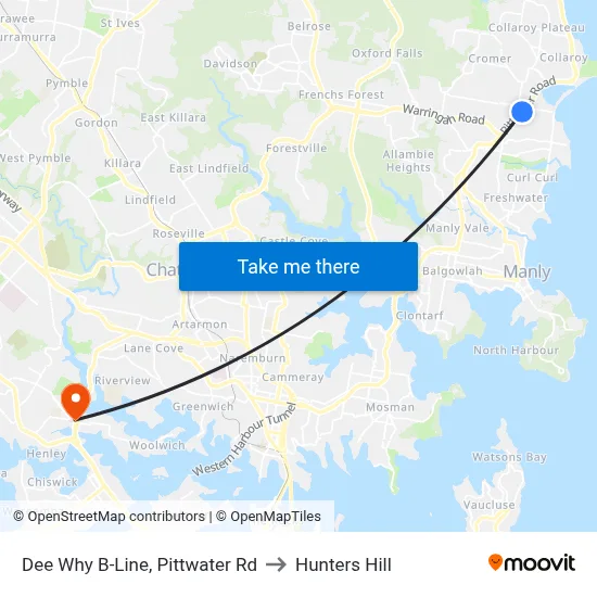 Dee Why B-Line, Pittwater Rd to Hunters Hill map