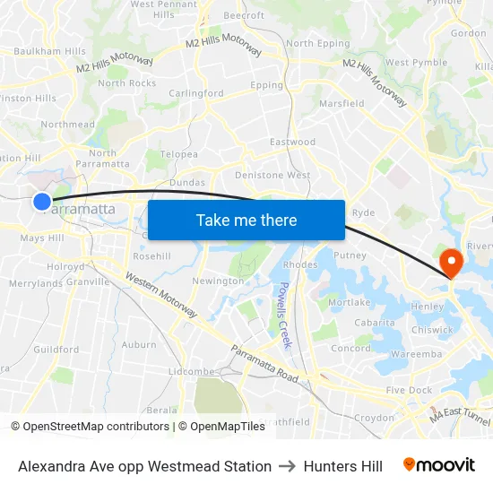 Alexandra Ave opp Westmead Station to Hunters Hill map