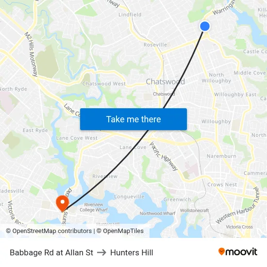 Babbage Rd at Allan St to Hunters Hill map
