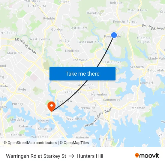 Warringah Rd at Starkey St to Hunters Hill map